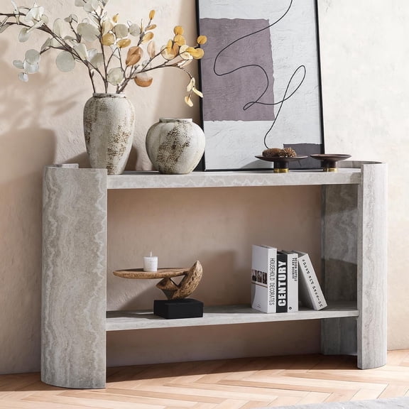 LKTART 53" MDF Console Table for Entryway, Narrow Faux Marble Sofa Table with Curved Legs - Living Room
