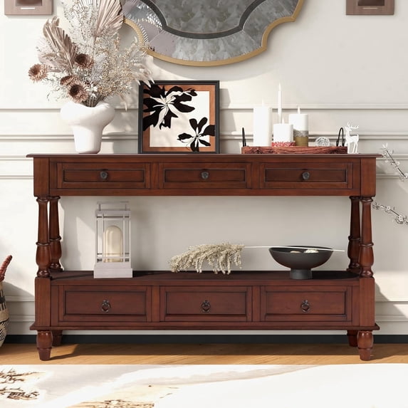 LK TART 54 inch Solid Wood Console Table, Farmhouse Entryway Sofa Table with 6 Drawers, Shelf, for Living Room, Hallway, Cherry