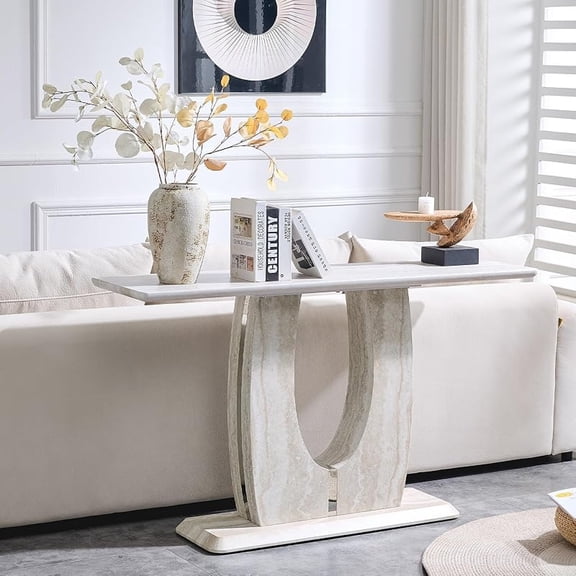 LKTART 55 Inch Narrow MDF Console Table, Faux Mars Marble Pattern Entryway Table with Curved Legs, Sofa for Living Room Hallway Foyer Foyer