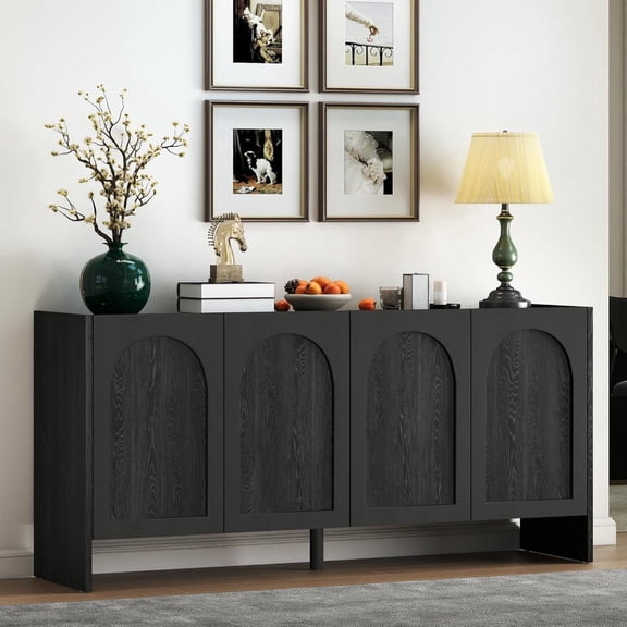 LKTART 63" Mid-Century Black Arched Sideboard Buffet Cabinet, 4 Door Solid Wood Storage Accent Cabinet with Adjustable Shelves for Dining Room Living Room