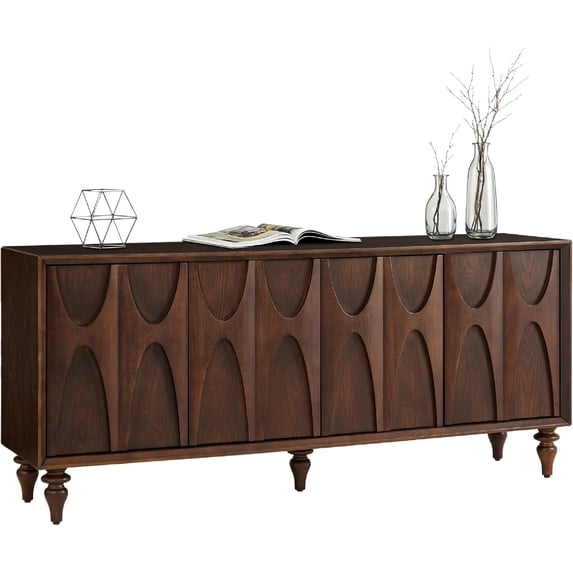 LKTART 63" Walnut Solid Wood Sideboard with Storage, Kitchen Buffet Cabinet Credenza Accent Console Table for Dining Living Room, Roman Legs Ash Veneer Dovetail Door Trim