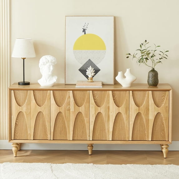 LKTART 63" Walnut Wood Sideboard Buffet Cabinet with Storage, Kitchen Credenza Accent Console Table with Roman Legs, Ash Veneer Dovetail Tri Natural