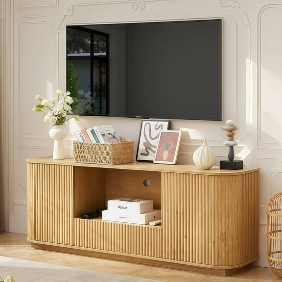 LKTART 64" Fluted TV Stand for TVs Up to 70", Home Entertainment Center with Drawer and Adjustable Shelves, Natural