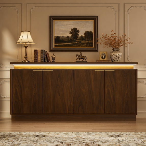 LKTART 66" Sideboard Buffet Cabinet with Storage,LED Lights,Walnut Modern Credenza Storage Cabinet ,1" Thick Floating Top,Adjustable Shelves,Pivot Door Hardware,for Living Room,Kitchen