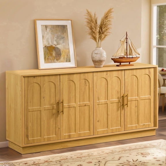 LKTART Sideboard Buffet Cabinet Farmhouse With Storage Arched Doors Wood 4 Doors 1 Drawer Off-White 67 Inch