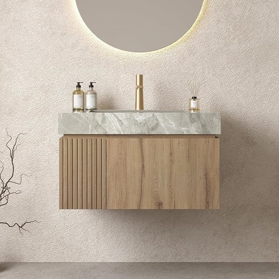 LKTART Floating 30 Inch Bathroom Vanity with Sink, Modern Plywood Wall Mounted Bathroom Storage Cabinet with 1 Door and 1 Drawer, Roma Travertine-Pattern Sintered Stone Countertop and Ceramic Basin