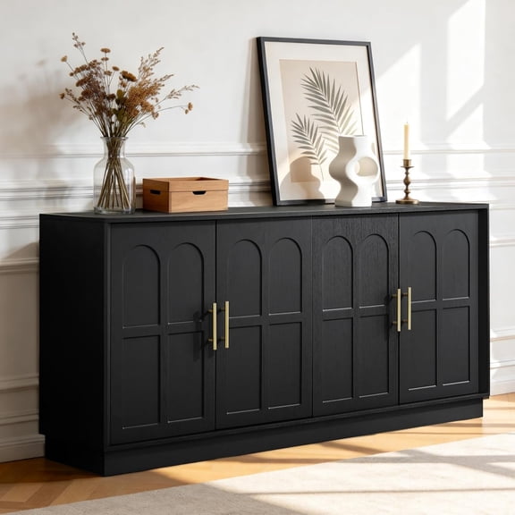 LKTART Modern Arched Door Sideboard Buffet Cabinet, Large Wood Storage Accent Cabinet for Living Room, Entryway & Hallway Black