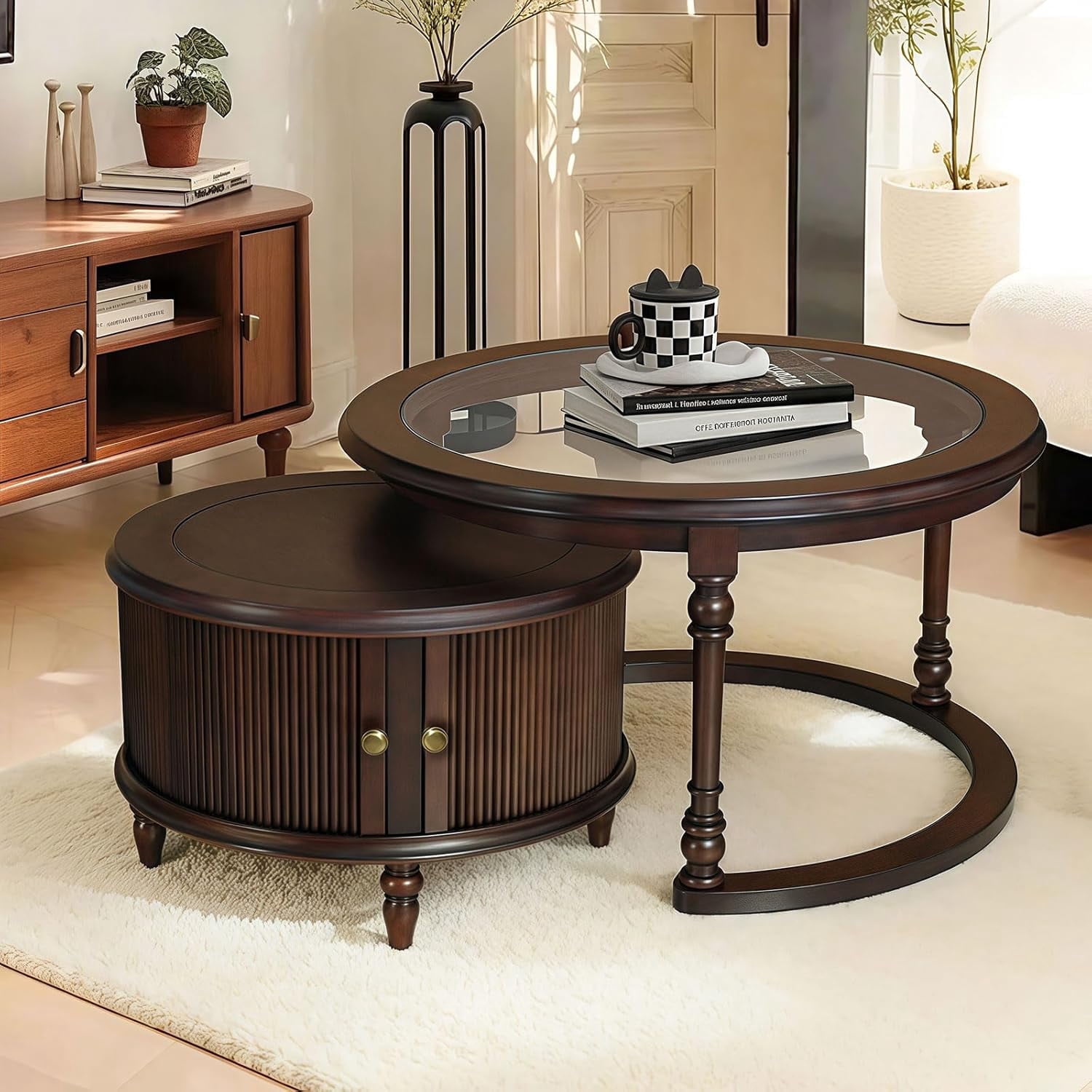 LKTART Nesting Coffee Table for Living Room,Round Tempered Glass Solid Wood Nest Coffee Tables with Storage,Retro Small Accent Center Table