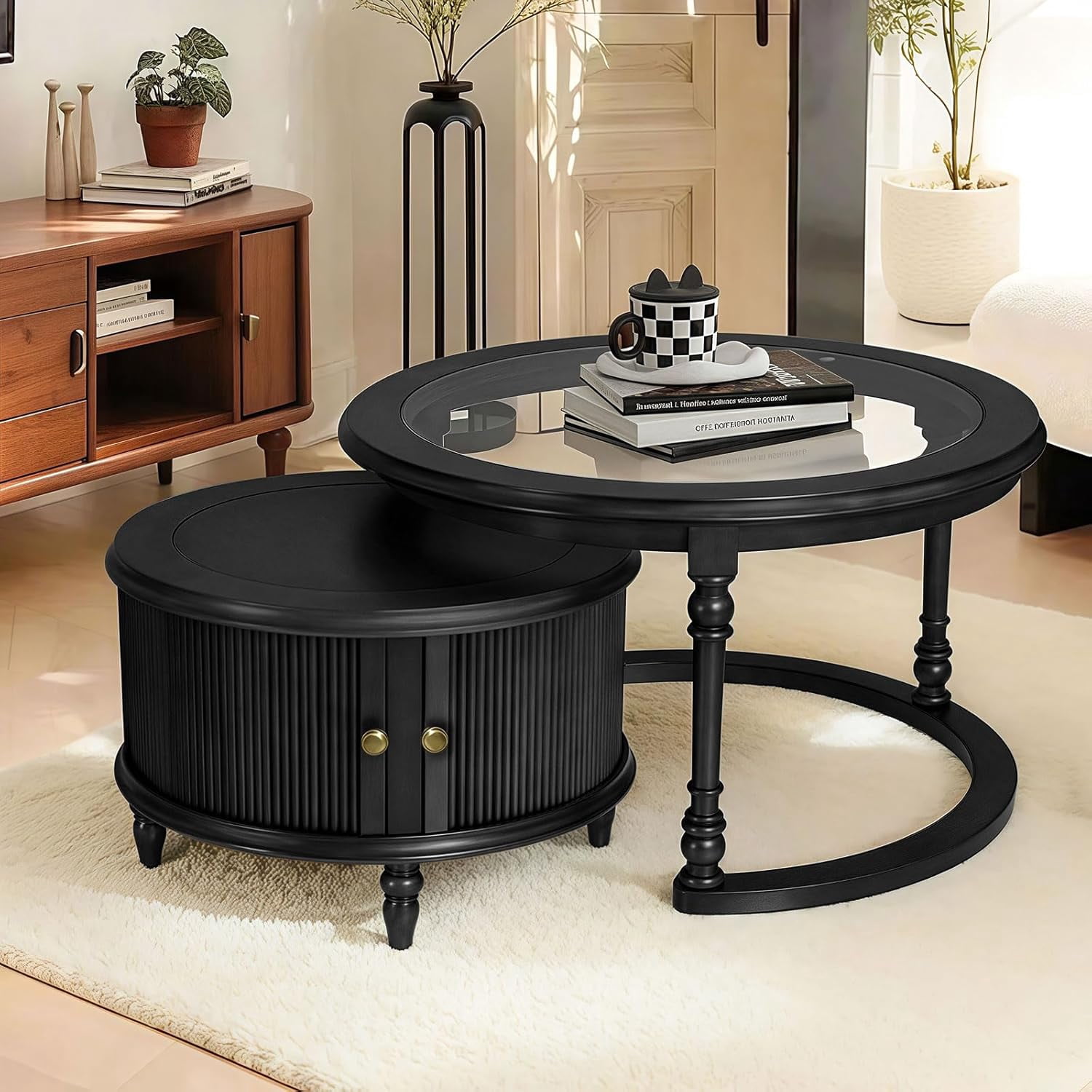 LKTART Nesting Coffee Table for Living Room,Round Tempered Glass Solid Wood Nest Coffee Tables with Storage,Retro Small Accent Center Table
