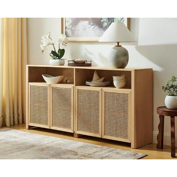 LKTART Rattan Sideboard Buffet Cabinet,63" Coffee Bars Cabinet with 4 Doors & Open Storage Shelves,Modern Credenza Console Table for Living Room, Kitchen,Entryway,Natural