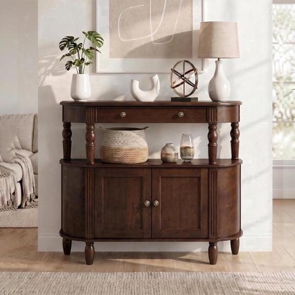 LKTART Reston Curved Console Table with 2-Door Cabinet and Drawer, Solid Wood Legs Half Moon Entryway Table with Adjustable Shelf, Walnut
