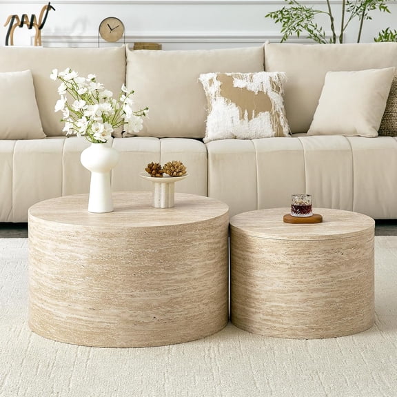LKTART Round Nesting Coffee Tables Set of 2 with Storage, Modern Faux Wood Grain Coffee Table, Space Saving Side End Tables for Living Room, Office, Natural Wood, 24.8" & 17.3"