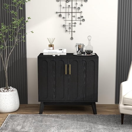LKTART Sideboard Buffet,Mid Century Modern Storage Cabinet with Doors and Shelves, Boho Style Wooden Buffet Cabinet for Living Room,Black