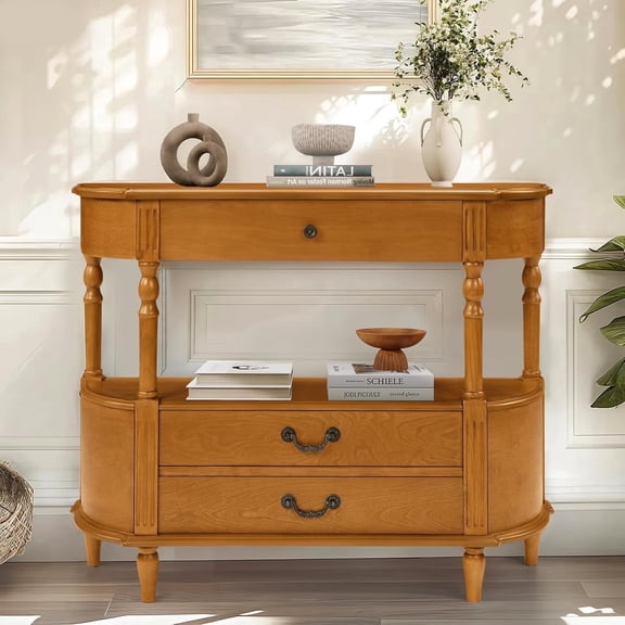 LKTART Retro Curved 43 Inch Half Moon 3 Drawers Open Shelf Solid Wood Console Table