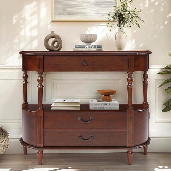 LKTART Solid Wood Retro Curved Console Table 43" Half Moon Console Table Sofa Table Entryway Table with 3 Drawers Open Shelf Pine Roman Legs