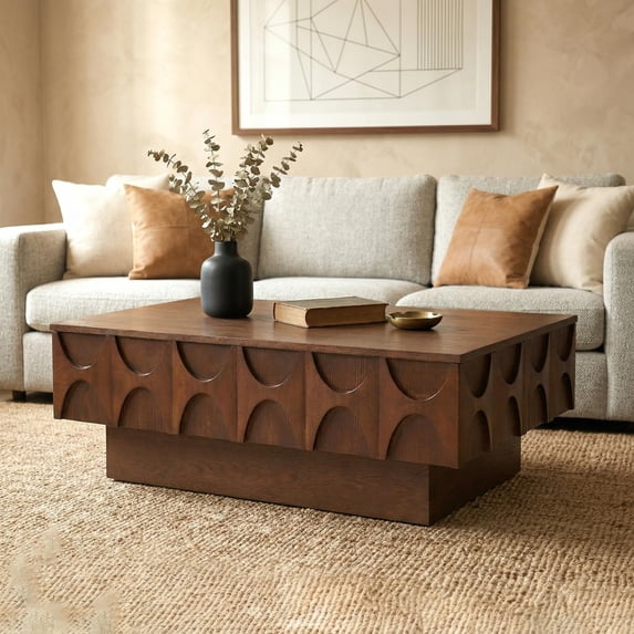 LKTART 38.6" Solid Wood Veneer Coffee Table with Storage & Sliding Top, Modern Mid Century Rectangle Center Table - Walnut