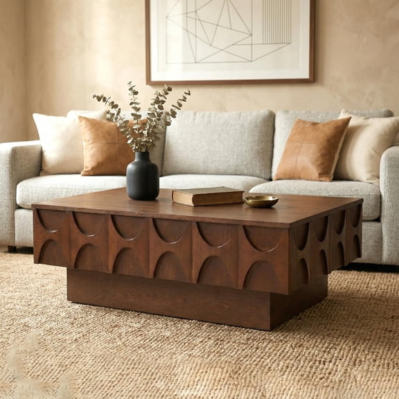 LKTART 38.6 inch Mid Century Modern Coffee Table, Solid Wood Veneer Table with Sliding Top and Storage, Walnut