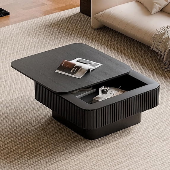 LKTART Square Coffee Table for Living Room,Fluted Drum Accent Tea Center Table with Storage,Solid Wood Modern Coffee Tables for Small Space Of Apartment (31.5" L×31.5''W×14''H-Black)