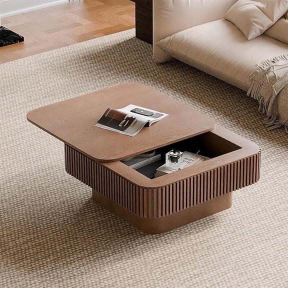LKTART Square Coffee Table for Living Room,Fluted Drum Accent Tea Center Table with Storage,Solid Wood Modern Coffee Tables for Small Space Of Apartment (31.5" L×31.5''W×14''H-Walnut)