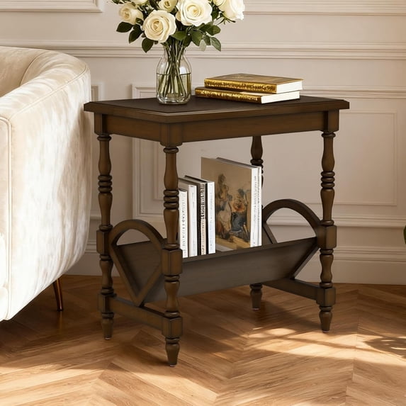 BFJDM Vintage Wood End Table, Dark Brown Side Table with Magazine Rack, Rubberwood Legs & Birch Veneer, Nightstand for Living Room Bedroom Small Space Home Office