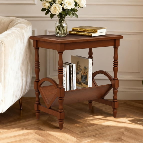 BFJDM Vintage Wood End Table with Magazine Rack, Rubberwood Legs, Birch Wood Veneer Finish for Living Room Bedroom Home Office (Cherry)