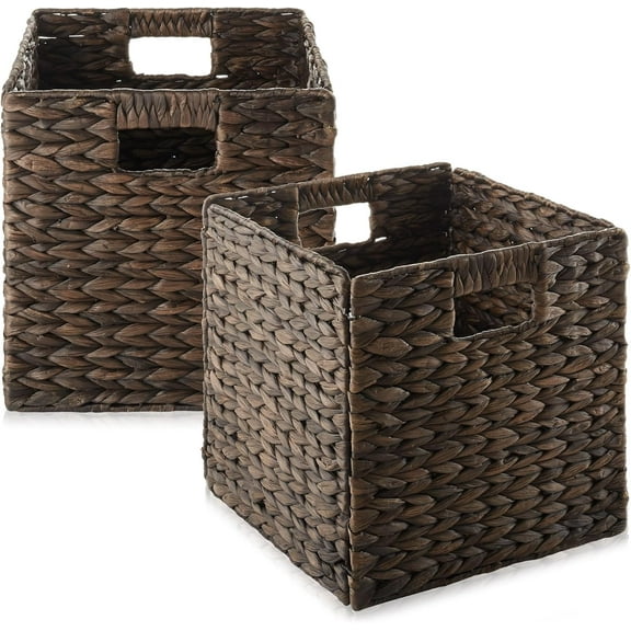LKUPM 10.5" x 10.5" Water Hyacinth Storage Baskets, Espresso - Set of 2 Collapsible Cube Organizers, Woven Bins for Bathroom, Bedroom, Laundry, Pantry, Shelves