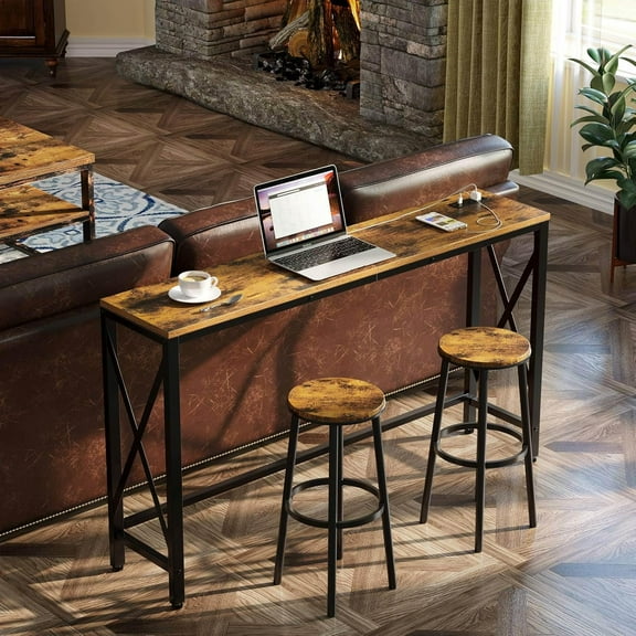 LKUPM Console Table with Power Outlet, Narrow Sofa Table, 55.1" x 11.8" Farmhouse Table Behind Sofa Couch Hallway Entrance for Living Room, Entryway, Foyer, with Metal Frame, Rustic Brown