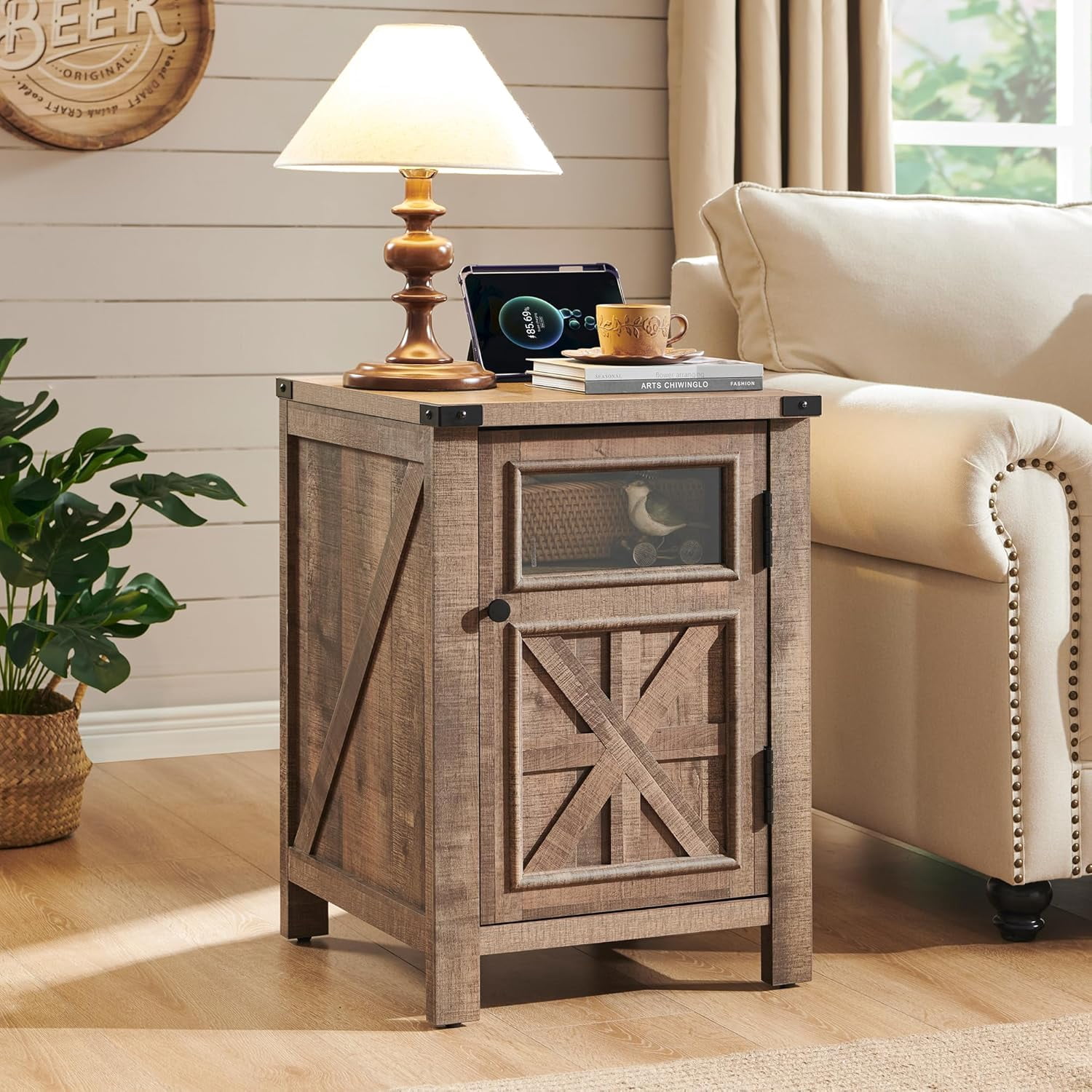 LKUPM Farmhouse End Table with Charging Station, 18'' Rustic Nightstand ...