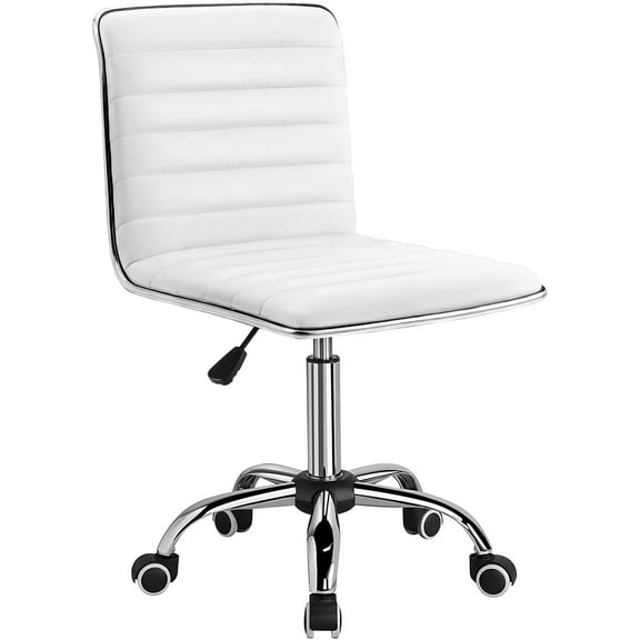 LKUPM Mid Back Vanity Chair for Makeup Room, Low Back PU Leather Swivel Computer Desk, Task and Office Chair Retro with Armless Ribbed (White)