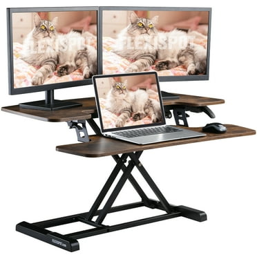 LKUPM Standing Desk Riser with Keyboard Tray - Stand - Up Desk Converter in Rustic Finish - Adjustable Height, Sturdy Build, Ideal for Ergonomic Work,35 in