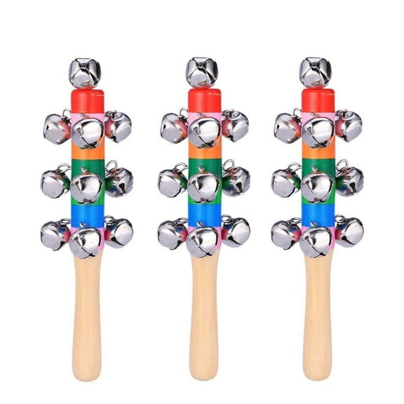 LKWLPD 3 Pcs Christmas Sleigh Bells Wooden Handle Jingle Bells Instrument Musical Hand Bell Shaker Rattle Musical Percussion Instrument for Xmas Holiday Party (10 Bells)
