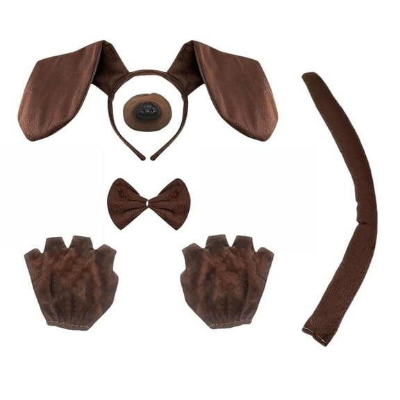 LKWLPD 5 Pieces Animal Puppy Dog Costume Set Brown Puppy Dog Ears Headband Tail Nose Bowtie for Halloween Cosplay Dress Up Party