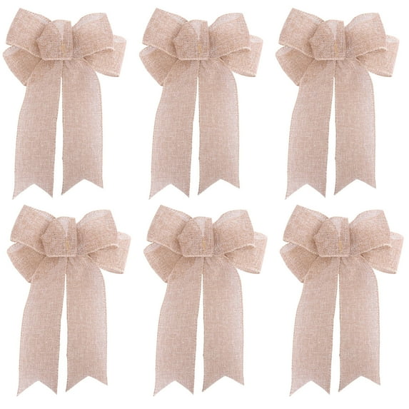 LKWLPD 6 Pcs Christmas Burlap Plaid Bow for Wreaths Xmas Tree Premade Bows Decorations for Crafts DIY Home Indoor Outdoor Decorations 9.44 Inch(Beige)