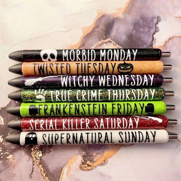 LKWLPD 7 Pcs Halloween Weekday Pens Glitter Pen With Funny Sayings Vibrant Passive Fancy Ballpoint Pens Cute Gifts for Colleagues Office Supplies