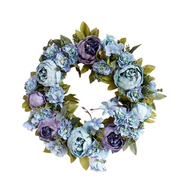 LKWLPD Artificial Flowers, Realistic Artificial Flowers for Outdoors Plastic Wreath Artificial Spring Plant Door Home Wreath Decoration Front Decor Blue