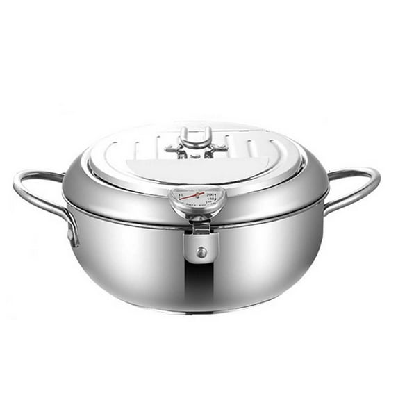 LKWLPD Stainless Steel Japanese Deep Fryer Pot with Lid - Oil Drainer Filter Rack & Temperature Control for Home Kitchen, Commercial-Grade Frying Pan