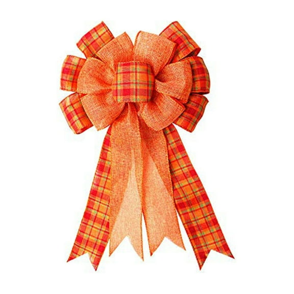 LKXGBMY 1 Pack Fall Bows for Wreaths Decorations, Halloween Tree Topper Bow, Thanksgiving Bow with Orange Buffalo Plaid Burlap Front Door Outdoor