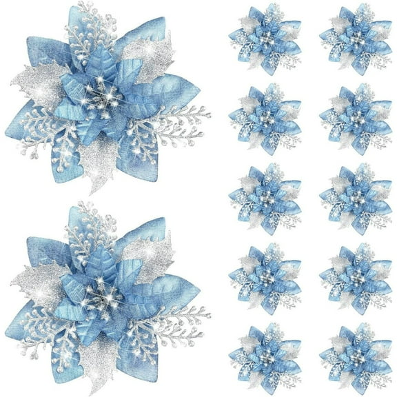LKXGBMY 12 Pieces Christmas Poinsettia Flower, 5.7 Inch Christmas Glitter Artificial Flower with Clip Xmas Tree Ornament for Home Wreath Garland Party Decor(Light Blue)