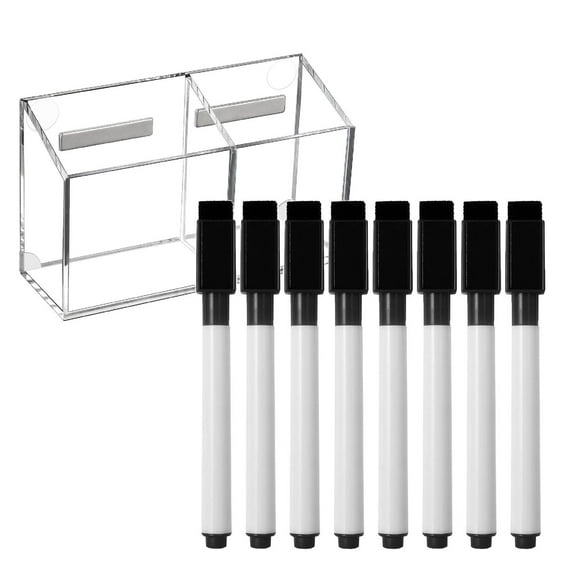 LKXGBMY 1PC 2 Compartments Magnetic Dry Erase Marker Holder with 8PCS Black Magnetic Dry Erase Markers with Eraser Cap, Value Package