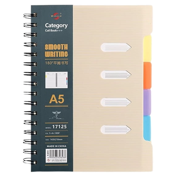LKXGBMY 4 Subject Spiral Lined Notebooks with Removable Dividers & Tabs, Hardcover Spiral Notebook College Ruled Multi Subject Notebooks for Work Office, A5 Khaki