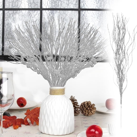 LKXGBMY Artificial Glitter Stem Ornaments, 5-Pack 16.92inch Artificial Christmas Picks for Festival Holiday Crafts and Home Xmas Decoration, Silver