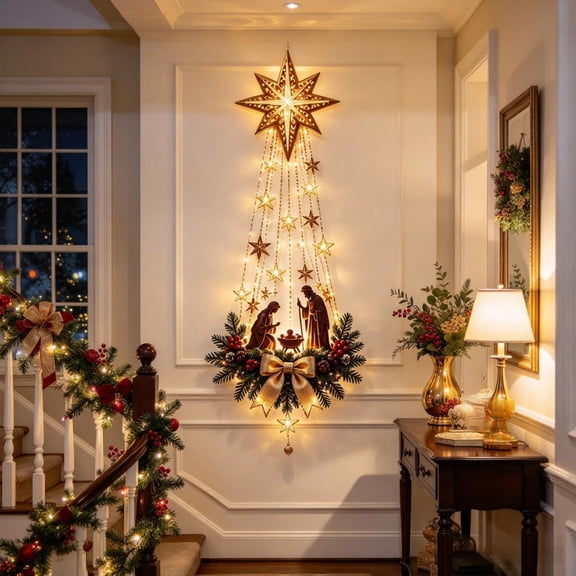 LKXOTTK 2D Flat Acrylic Lighted Nativity Wall Decor 39.37" Star LED Christmas Wall Hanging with Warm Lights