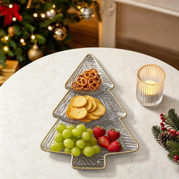 LKXOTTK Christmas Tree Fruit Platter, Gold-Rimmed Divided Tray, Plastic Server for Holiday Party Appetizers