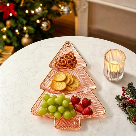 LKXOTTK Christmas Tree Fruit Platter, Gold-Rimmed Divided Tray, Plastic Server for Holiday Party Appetizers