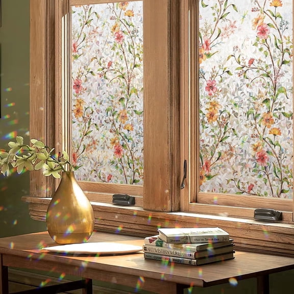 LKYICNHY 23.6" X 78.7"3D Window Privacy Film, Stain Glass Decorative Window Film, Static Cling Non-Adhesive,,Flower Decals Window Stickers, Heat Blocking Reusable Window Tint for Home