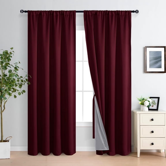 LKYUHGS-100% Blackout Window Curtains - Rod Pocket Thermal Insulated & Completely Room Darkening Black Liner Window Treatment with Tiebacks for Bedroom/Living Room, Burgundy, W60 x L84, Set of 2 Pane