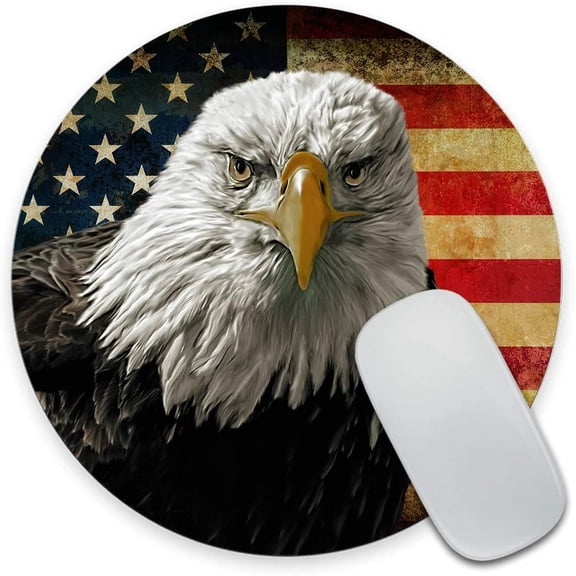 LKYUHGS-Bald Eagle USA Flag Round Mouse Pad, Grunge American Flags Customized Mouse Mat,Washable Mousepads, Non-Slip Rubber Base Small Mousepad, 7.97.90.12 inches