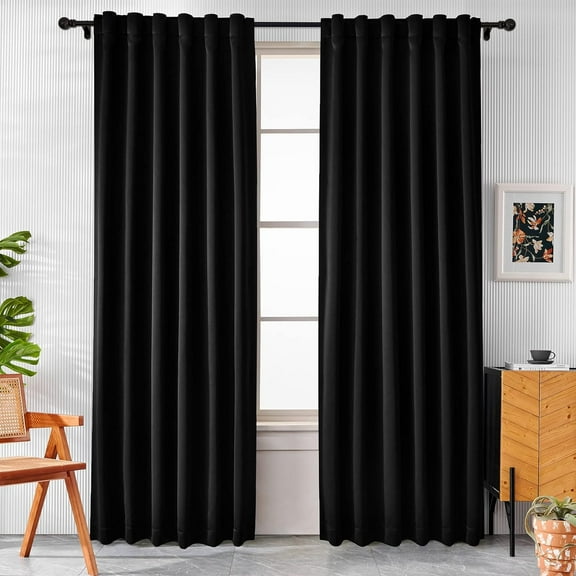 LKYUHGS-Blackout Curtains 84 Inches Long 2 Panels, Black Out Drapes for Bedroom or Living Room, Back Tab and Rod Pocket Top, Set of Two, Black, 52" Wide and 84" Length.