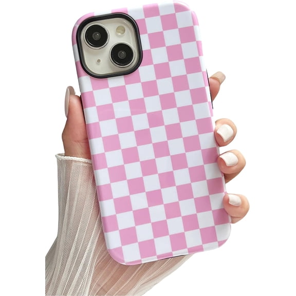 LKYUHGS-Compatible with iPhone 13/14 Case Cute Aesthetic Checkerboard Checkered Phone Case for Women Girl Shockproof Slim TPU and Hard PC Protective Cover (Pink)