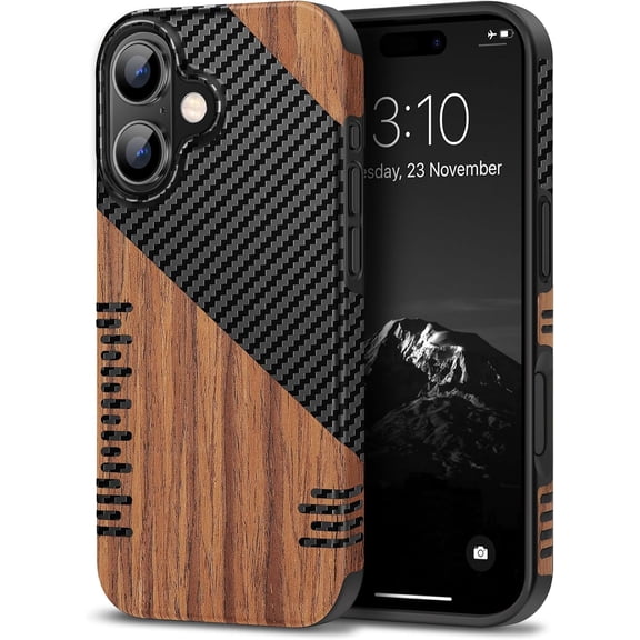 LKYUHGS-Compatible with iPhone 16 Phone Case Wood Grain with Carbon Fiber Texture Design Leather Hybrid Slim Case (Twill)